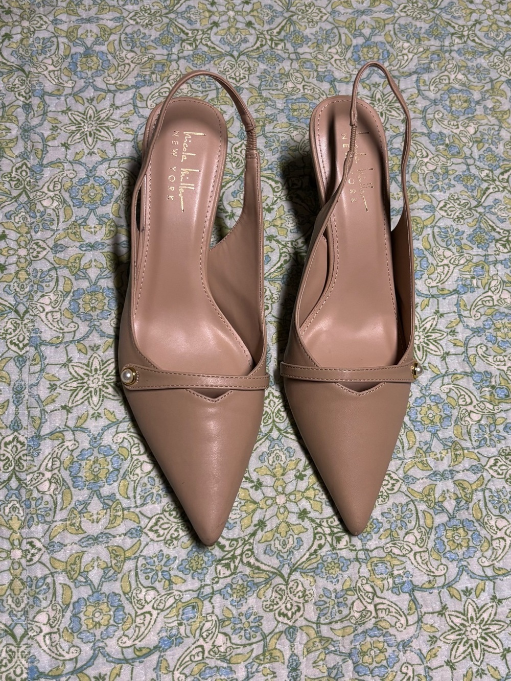 Nicole Miller Nude Pointed Slingback Heels with Pearl Strap